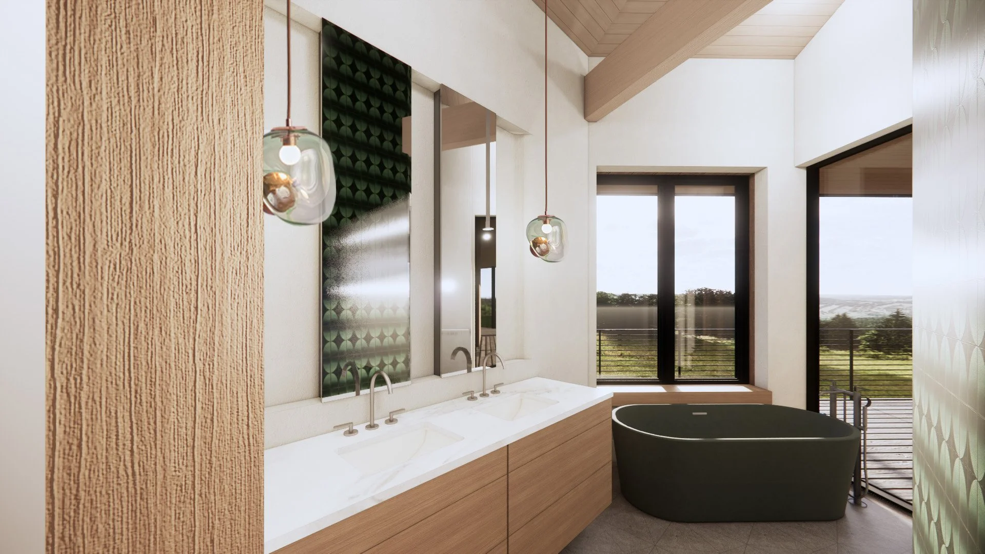 Contemporary primary bathroom with freestanding tub and views of the Los Altos Hills landscape