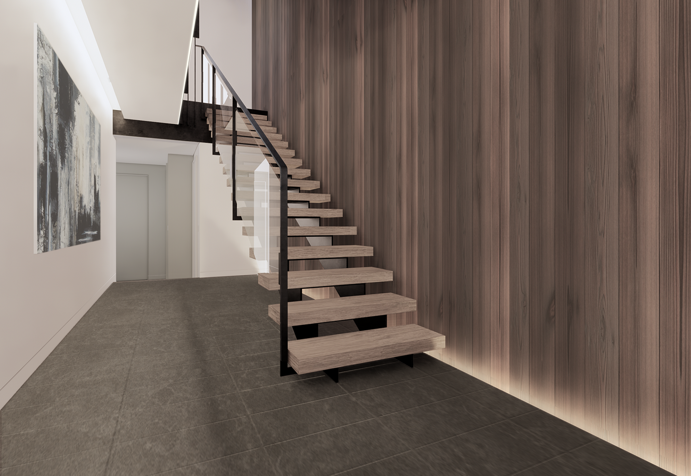 floating stair with custom lighting at potrero residence, luxury modern interior by studio ovo, san francisco architects