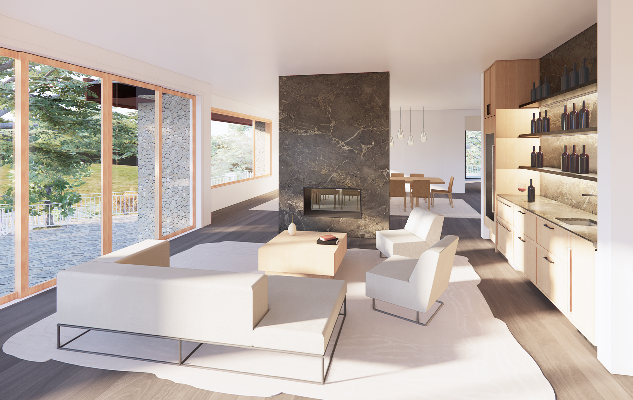 contemporary open-plan living room with patio access at santa rosa residence, san francisco architecture firm studio ovo