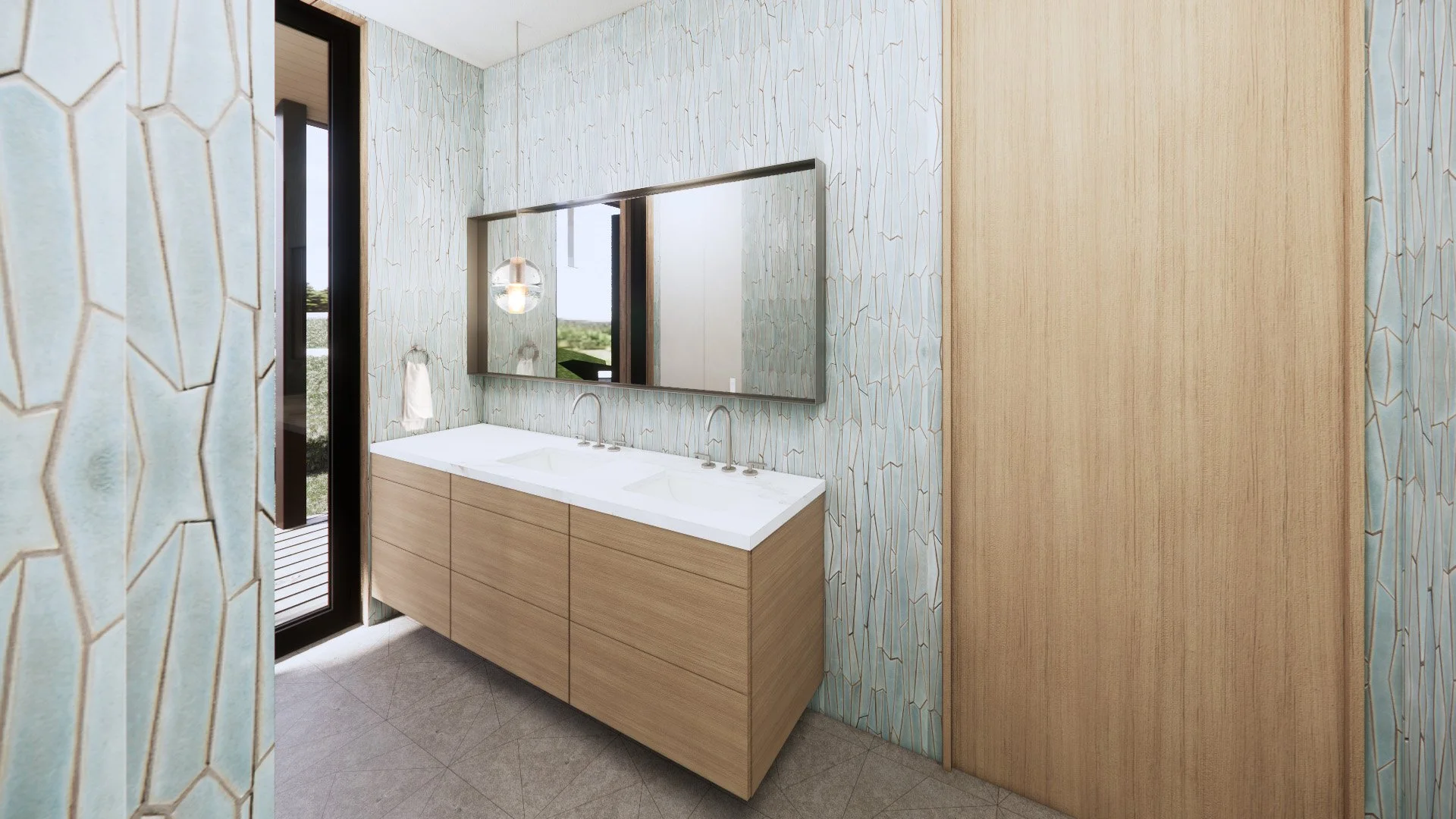 Custom kids' bathroom with patterned tile and natural wood cabinetry in the Octagon House