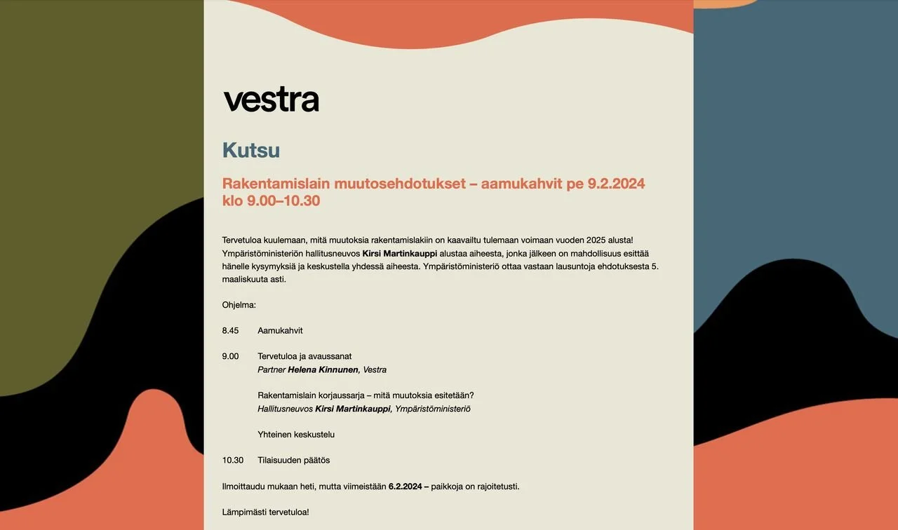 Kutsu Vestran aamiaistilaisuuteen, jossa käsitellään rakentamislain muutosehdotuksia. Kuvassa on tyylikäs kutsuohjelma ja tekstiä tapahtuman tiedoista.