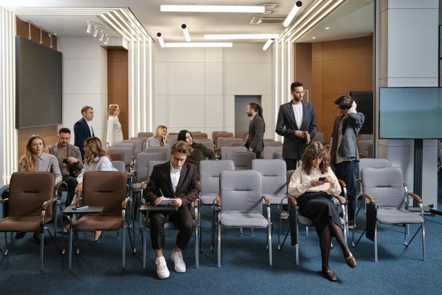 Vanhat ja uudet kollegat oleskelemassa konferenssihuoneessa