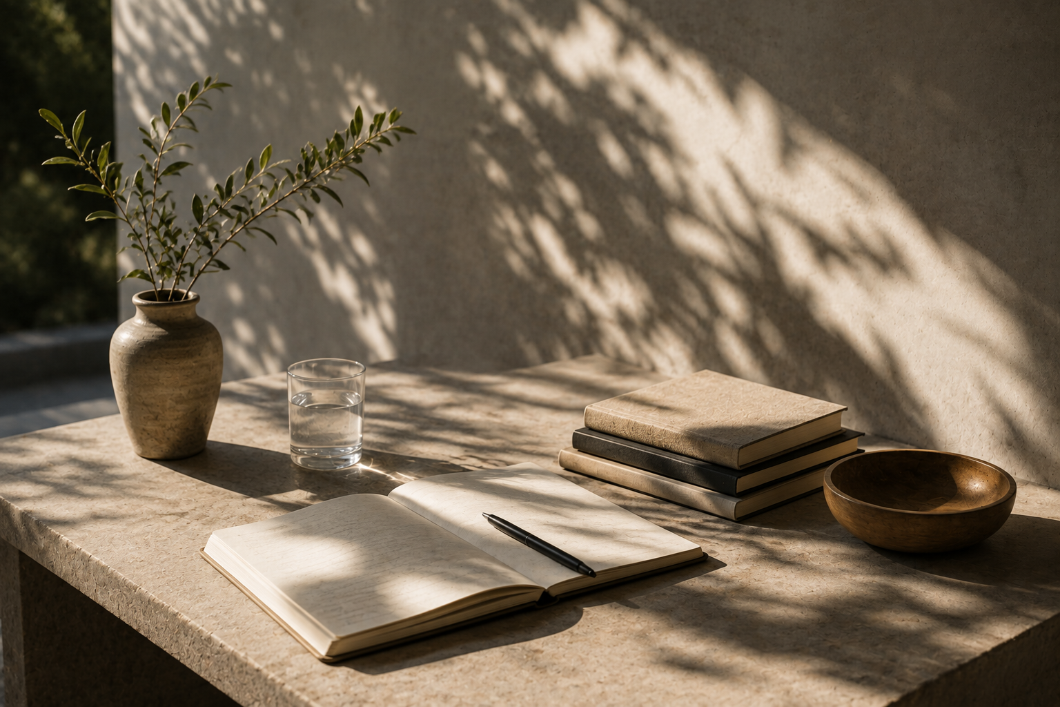 An open journal and books on a sunlit table, representing reflection and self-understanding.