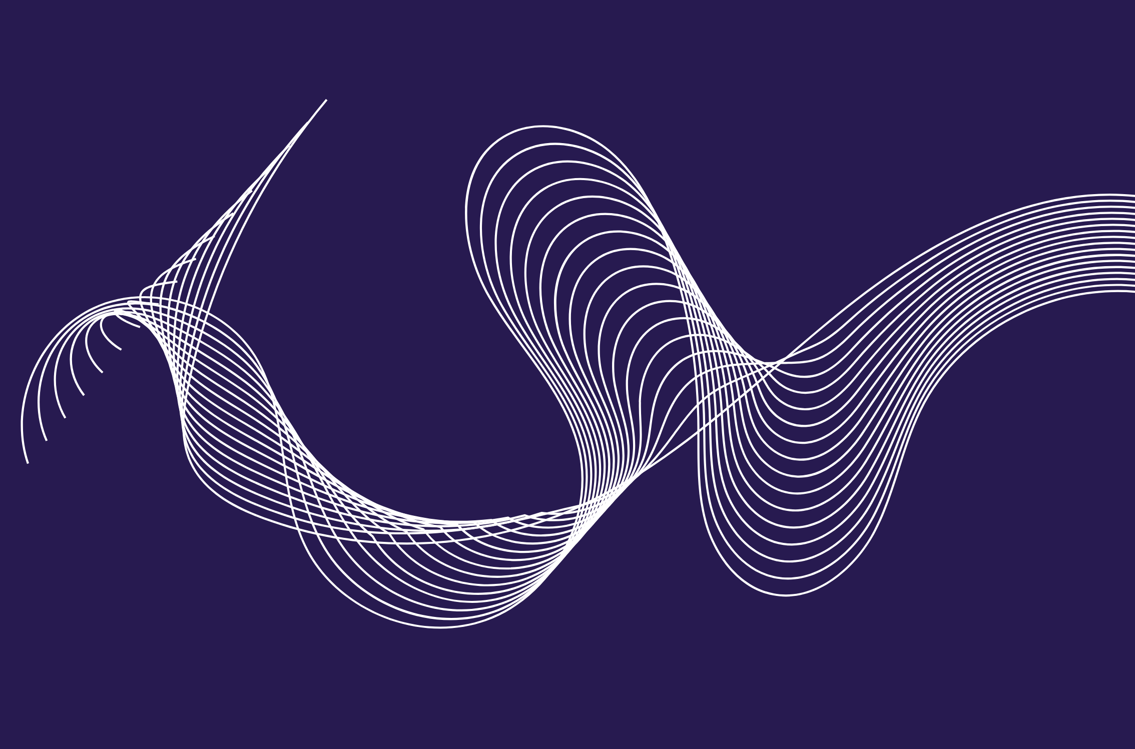 Abstract flowing white lines on a deep purple background, representing reflection, growth and different paths through life.
