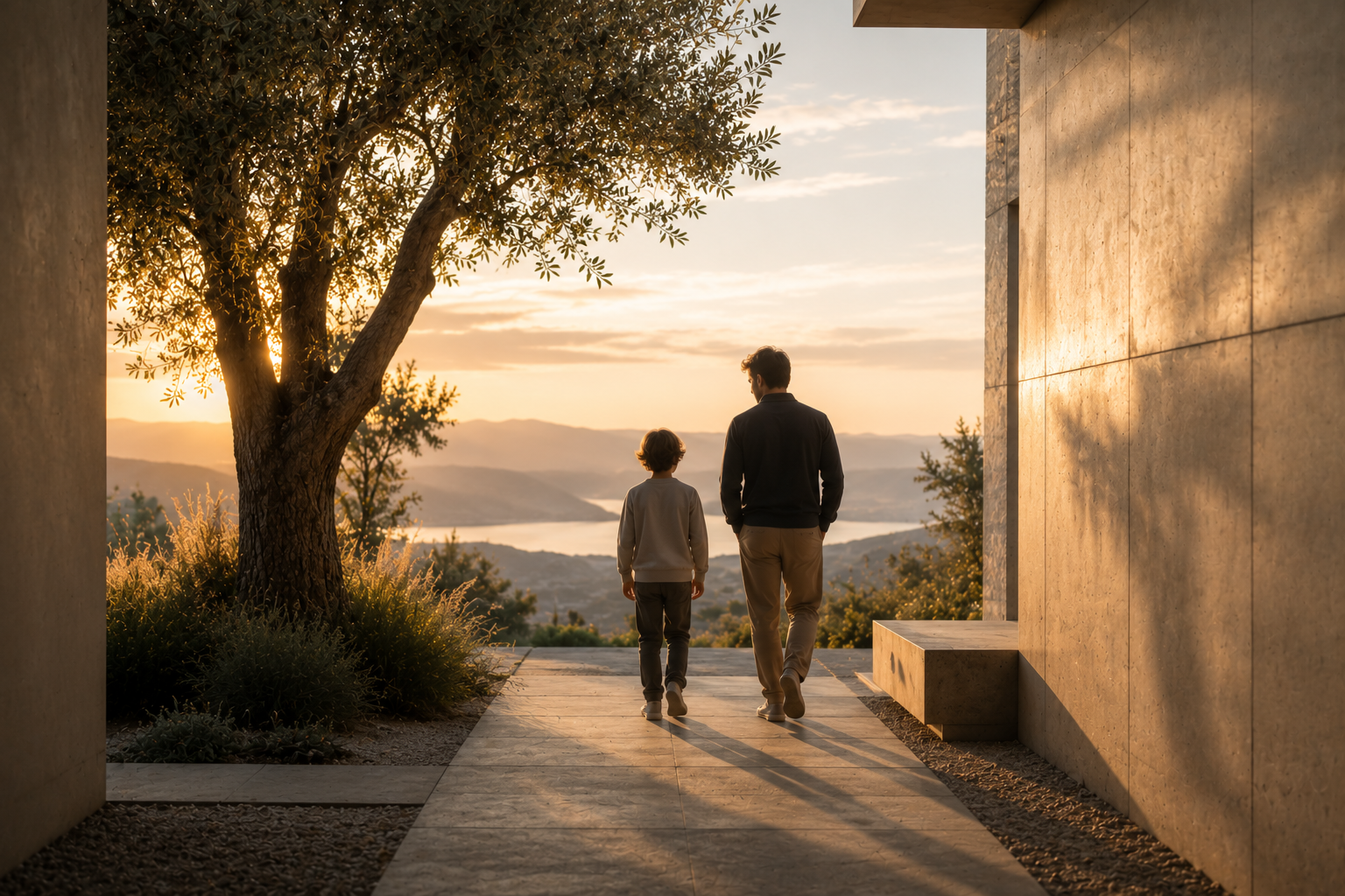 An adult and child walking together towards an open landscape at sunset, representing guidance and what we pass on to the next generation.
