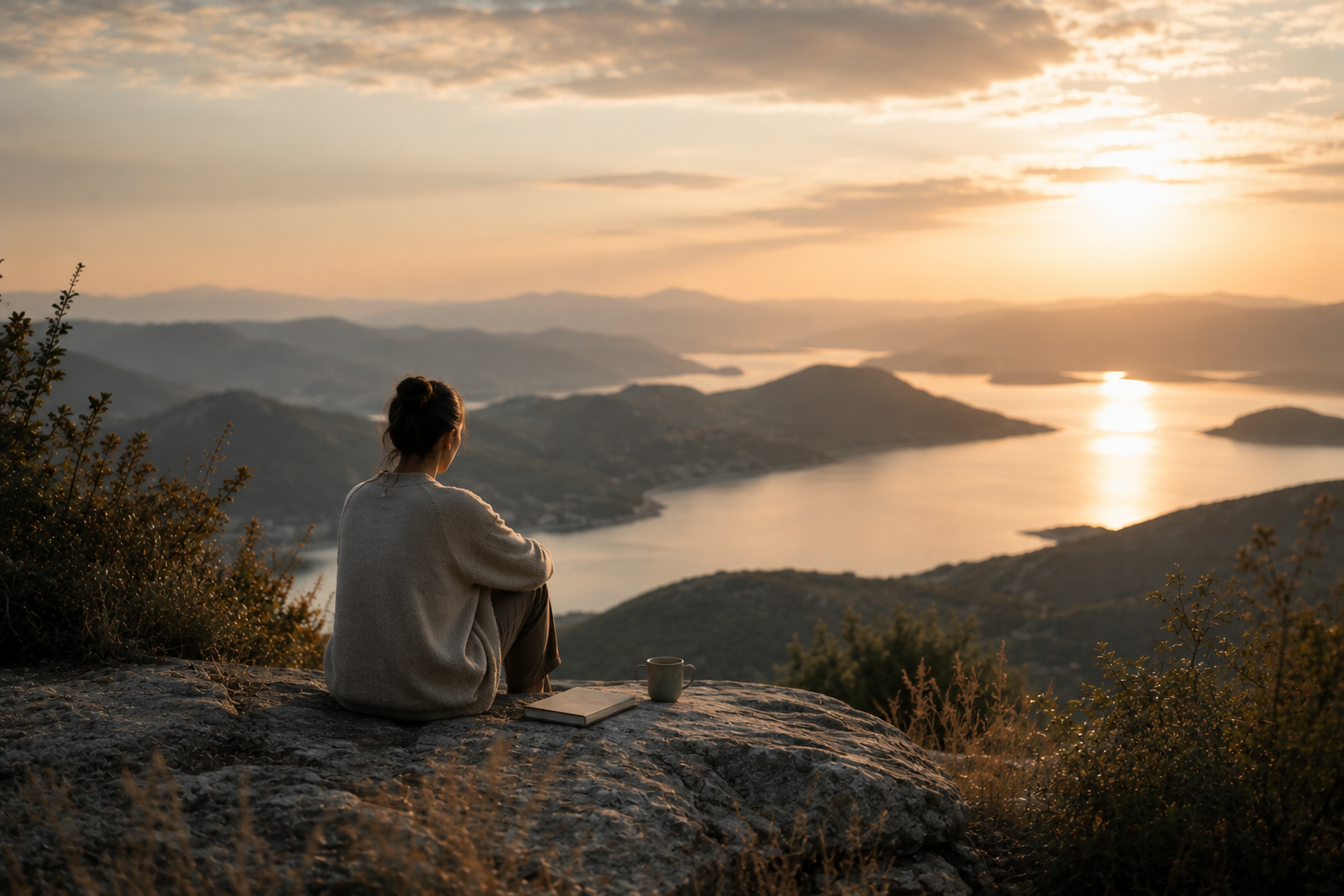 A person sitting quietly above a wide landscape at sunset, reflecting on what matters in life.