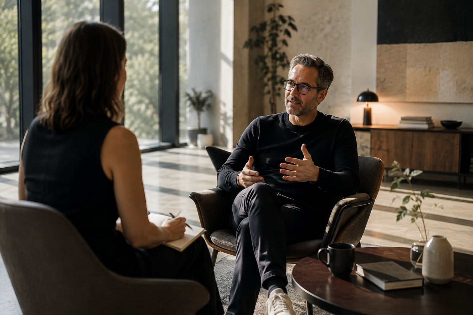 A leader in a focused one-to-one executive coaching conversation.