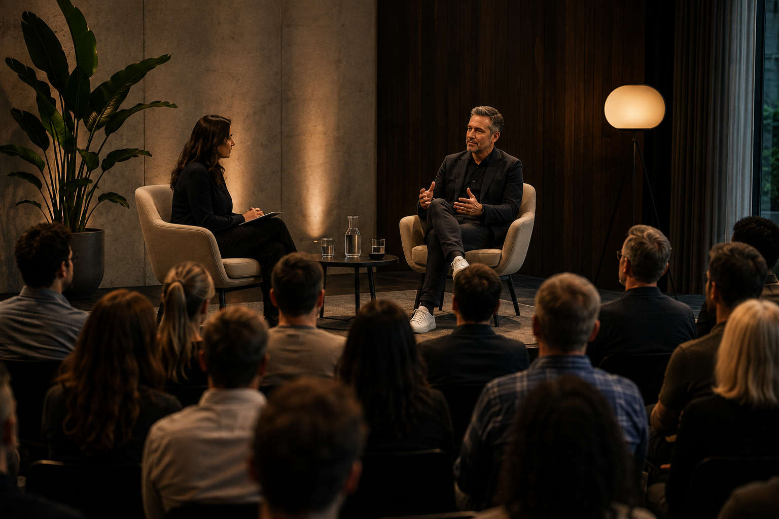 Two speakers in conversation on stage with an audience at an intimate leadership event.