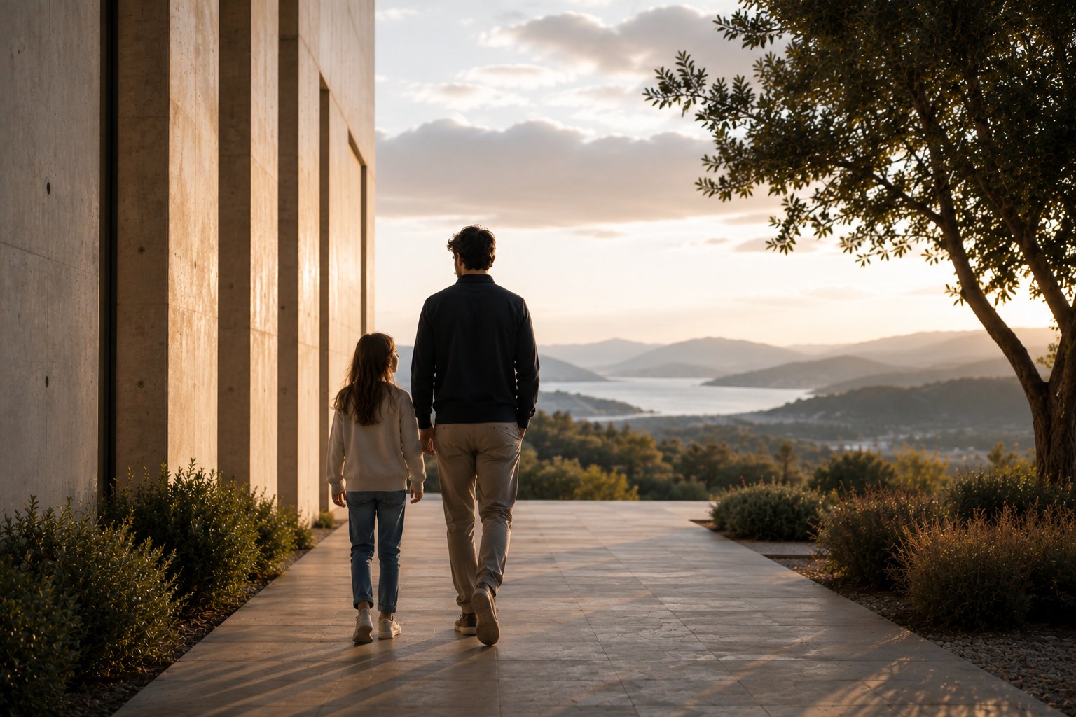 An adult and child walking together towards the horizon, representing responsibility for the world we pass on to others.