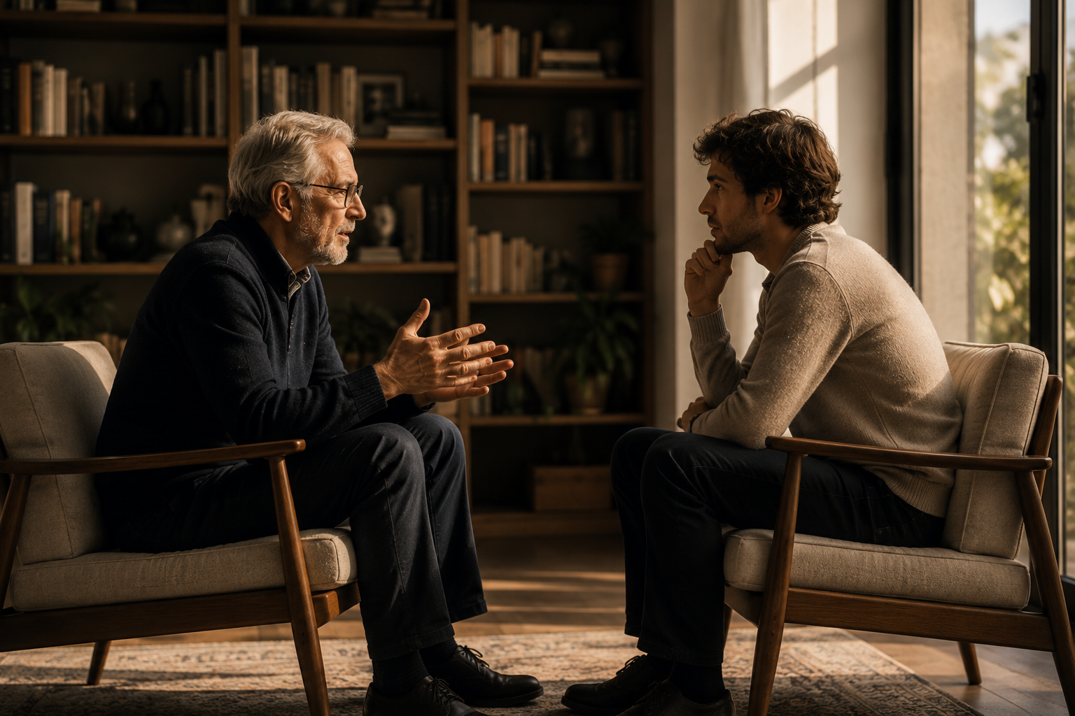 An older and younger man in thoughtful conversation, representing wisdom and experience shared across generations.