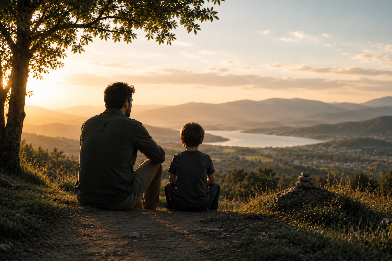 An adult and child sitting together overlooking a wide landscape at sunset, representing reflection, guidance and what we pass on to the next generation.