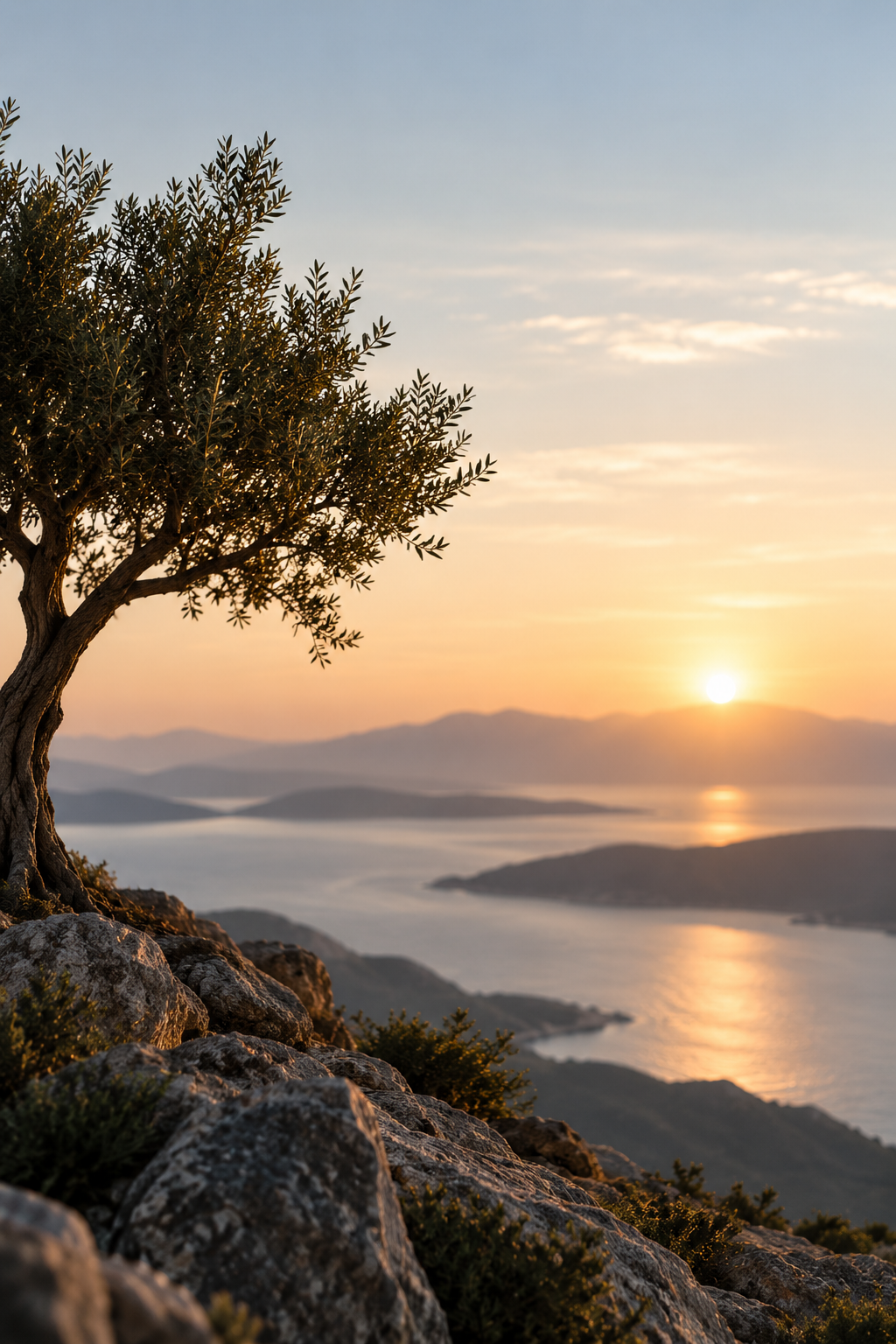 An olive tree overlooking mountains and calm water at sunset, representing reflection, perspective and growth.