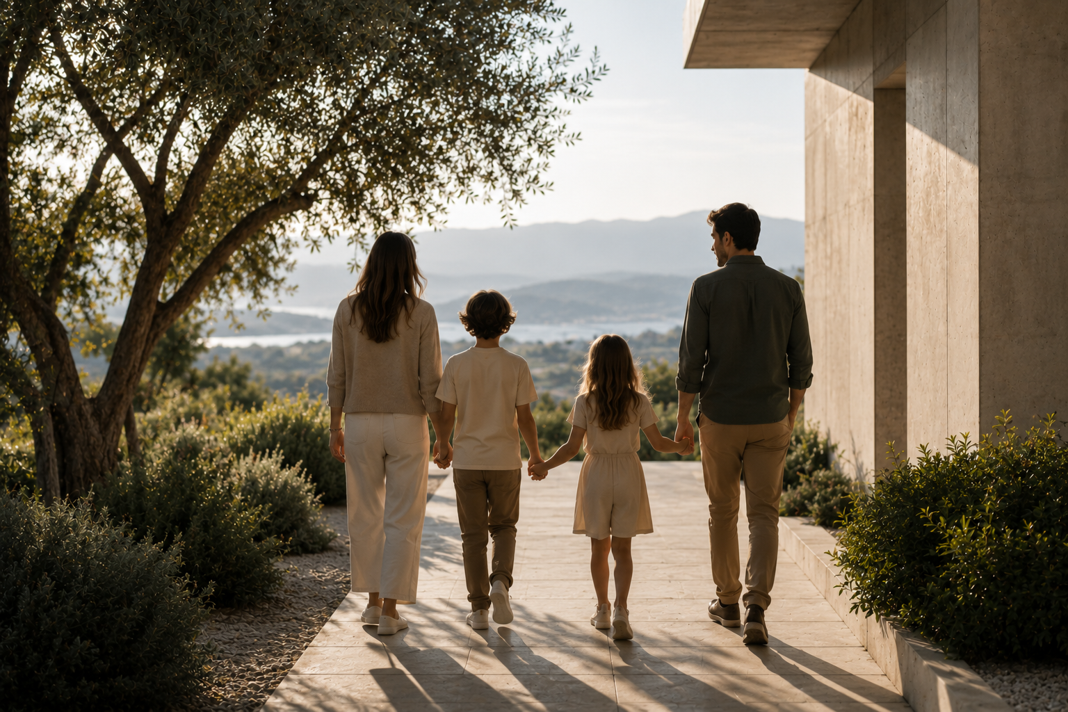 A family walking together towards an open landscape, representing the values and example passed between generations.