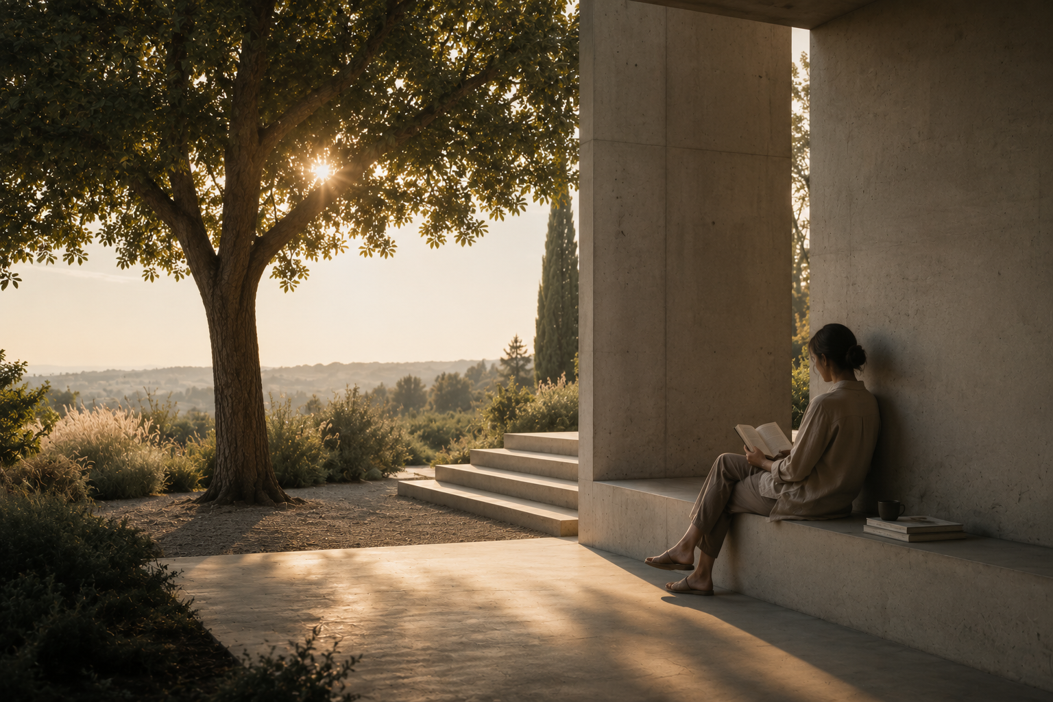 A woman reading quietly beside modern architecture and a sunlit tree, reflecting time and space for intentional living.