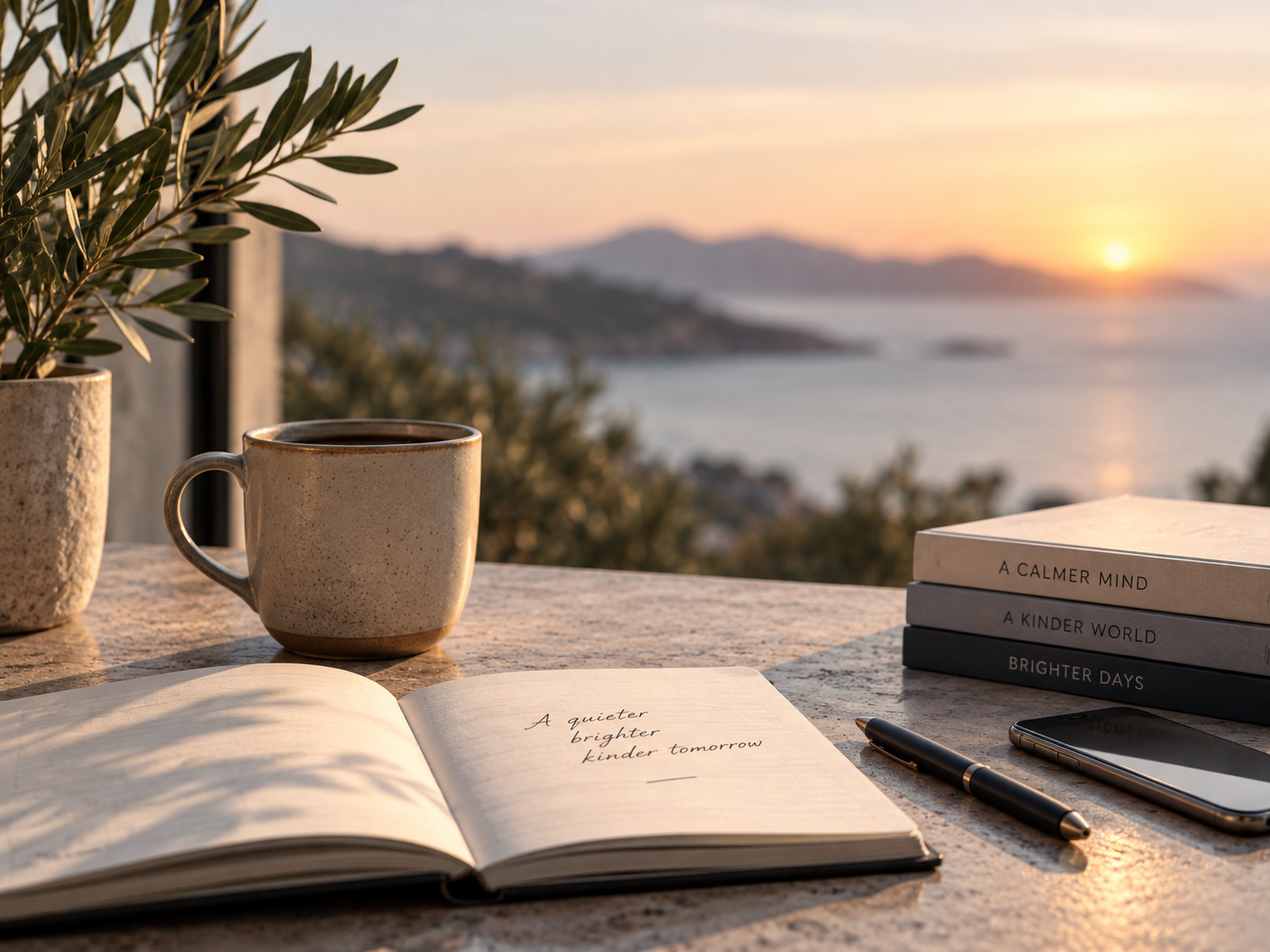 An open journal, books and coffee on a sunlit table overlooking the sea, representing reflection, ideas and connection.