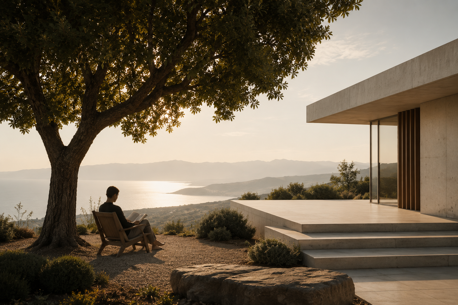 A person reading beneath a tree beside modern architecture, overlooking a peaceful landscape.