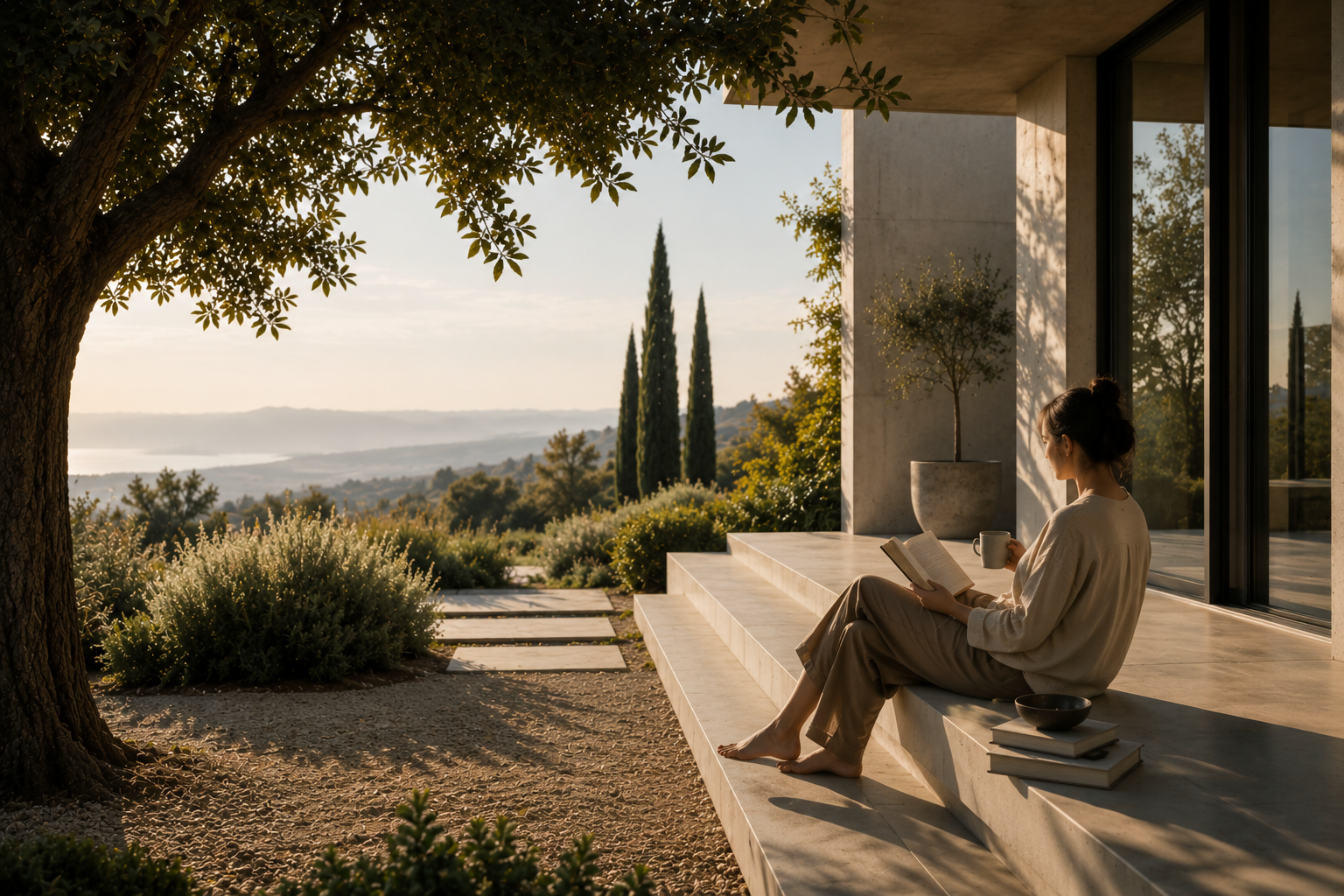 A woman reading outside a modern home surrounded by nature, representing a calm and intentional way of living.