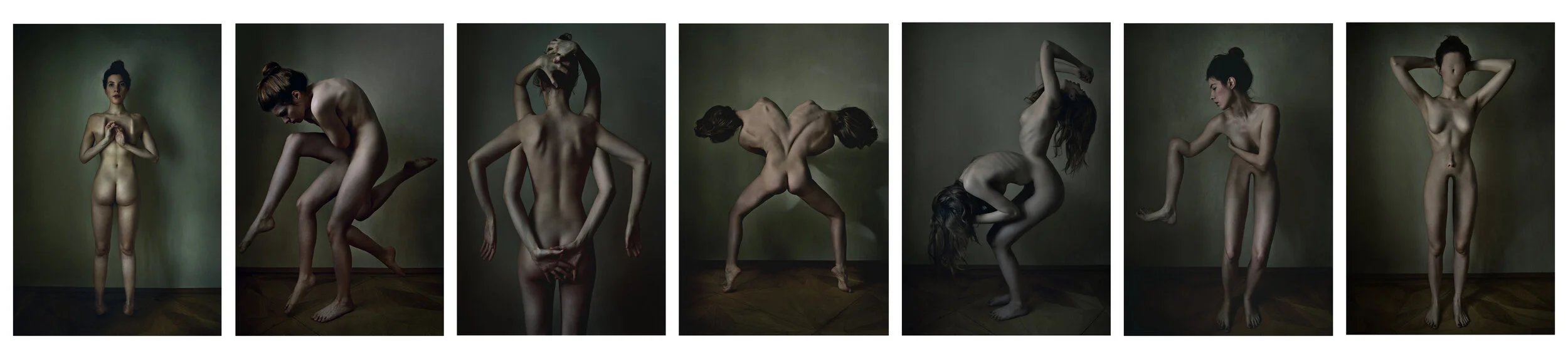 Series of seven images of women nude, each striking different artistic poses against a plain wall, with similar lighting and background, emphasizing human body art and movement.
