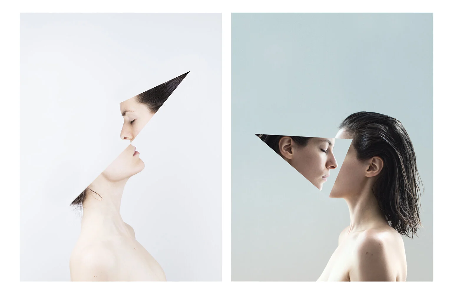 Two side-by-side portraits of women with surreal, geometric cut-outs in their faces, creating a visual illusion.