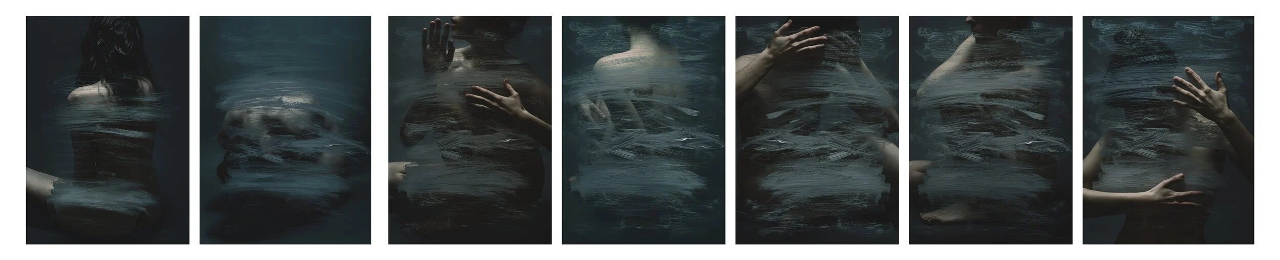Series of eight photographs showing partially submerged women behind a glass or plastic surface with streaks of paint or soap, obscuring their faces and bodies.