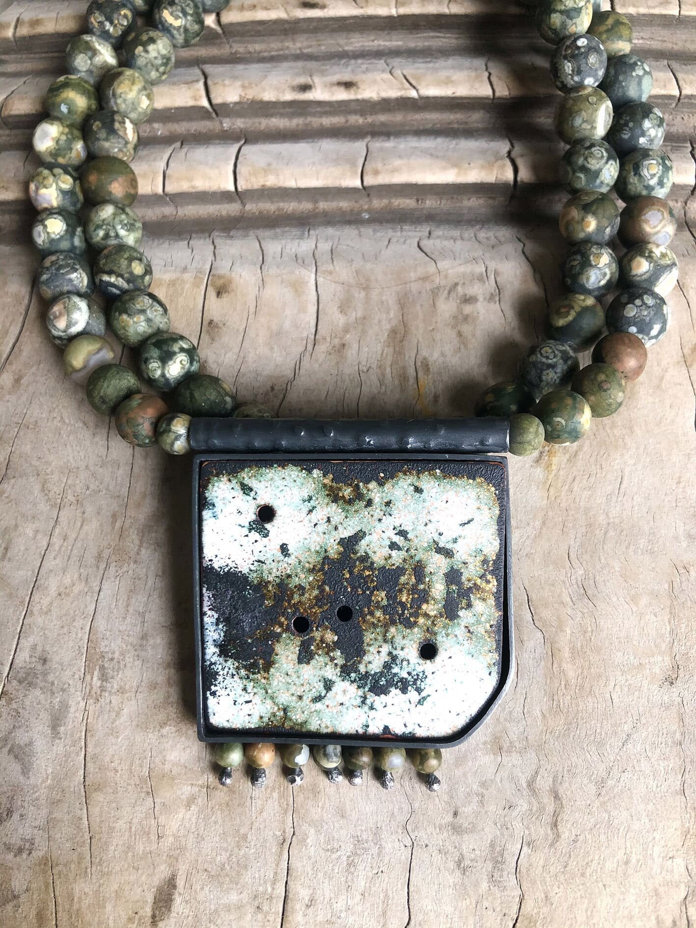 Alison Boyce Enamel and Silver Pendant Necklace with enamel, oxidised silver and rhyolite jasper beads