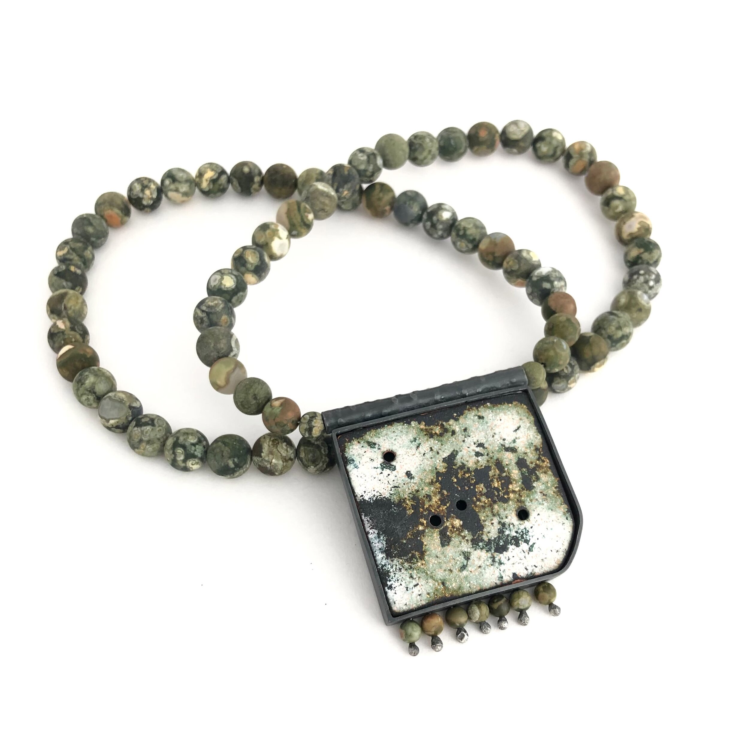 Alison Boyce Enamel and Silver Pendant Necklace with enamel, oxidised silver and rhyolite jasper beads