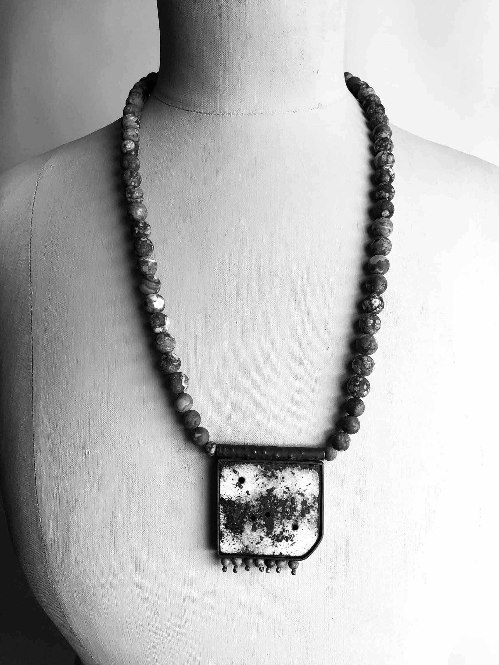Alison Boyce Enamel and Silver Pendant Necklace displayed on Antique Dressmakers Mannequin