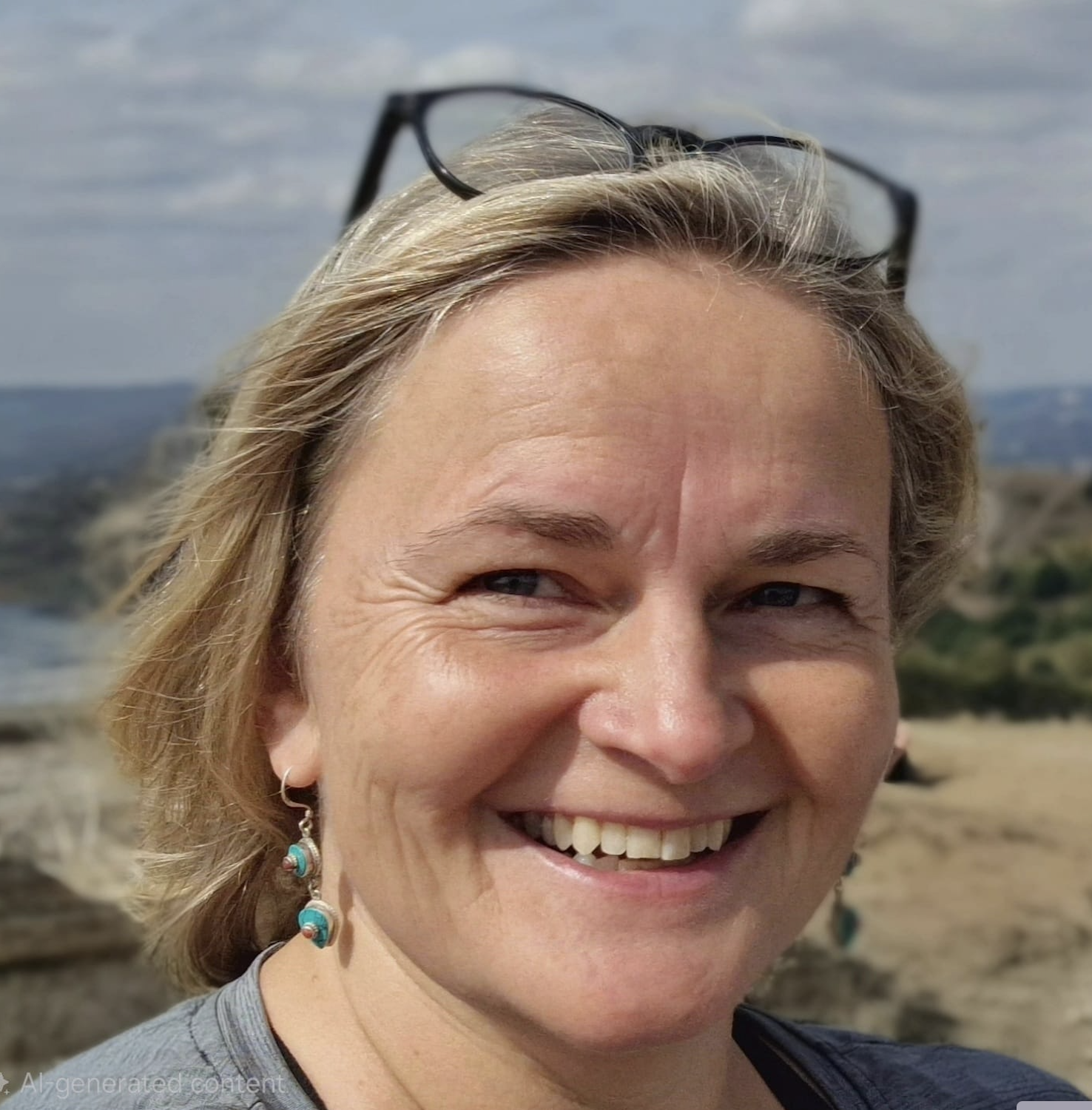 Close-up of a smiling woman with blonde hair, wearing turquoise earrings and glasses on her head, outdoors with a landscape and cloudy sky in the background.
