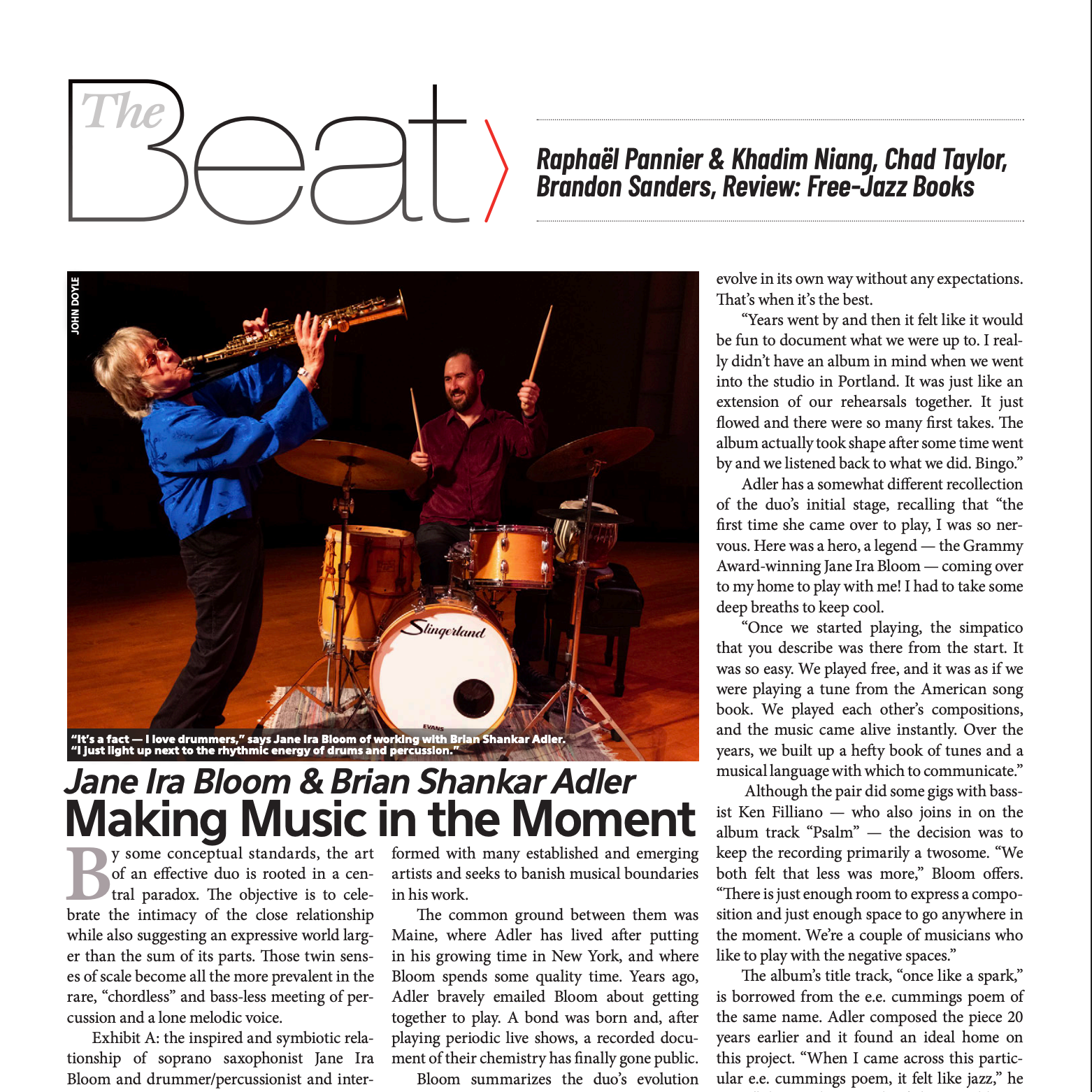 DOWNBEAT MAGAZINE: Jane Ira Bloom & Brian Shankar Adler Making Music In The Moment