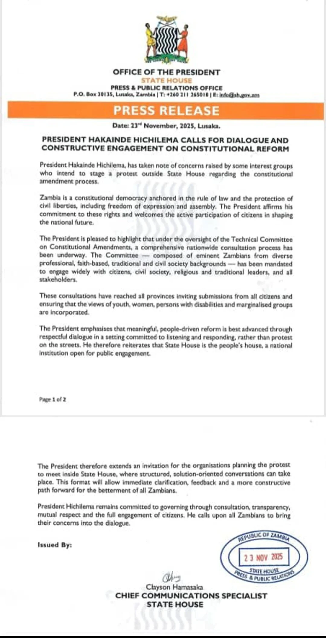 President Hichilema calls for dialogue and constructive engagement on constitutional reform