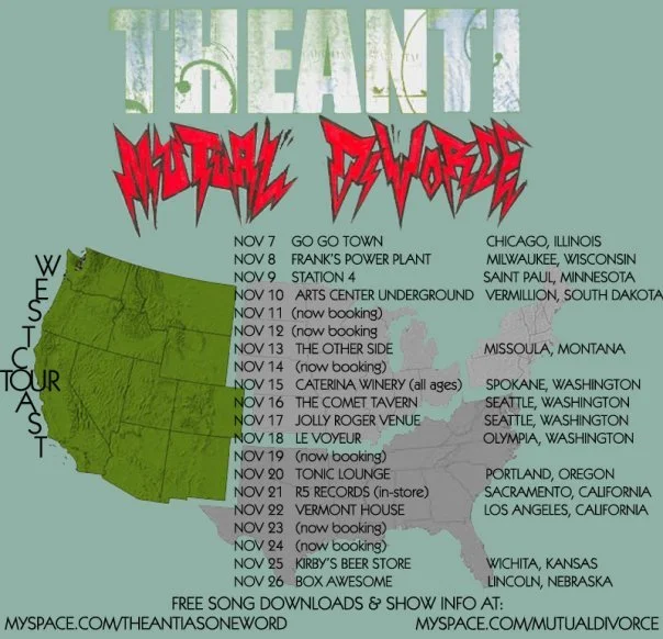 Tour poster for 'Mutual Divorce' band with concert dates and locations, featuring a green and gray map background.
