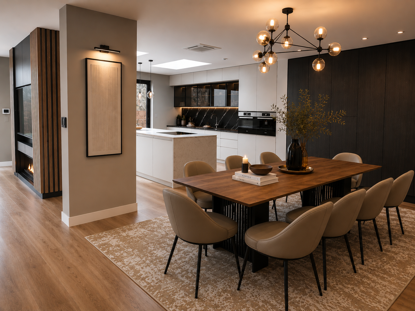 Open-plan kitchen and dining room in a family house, designed by Trofini Designs