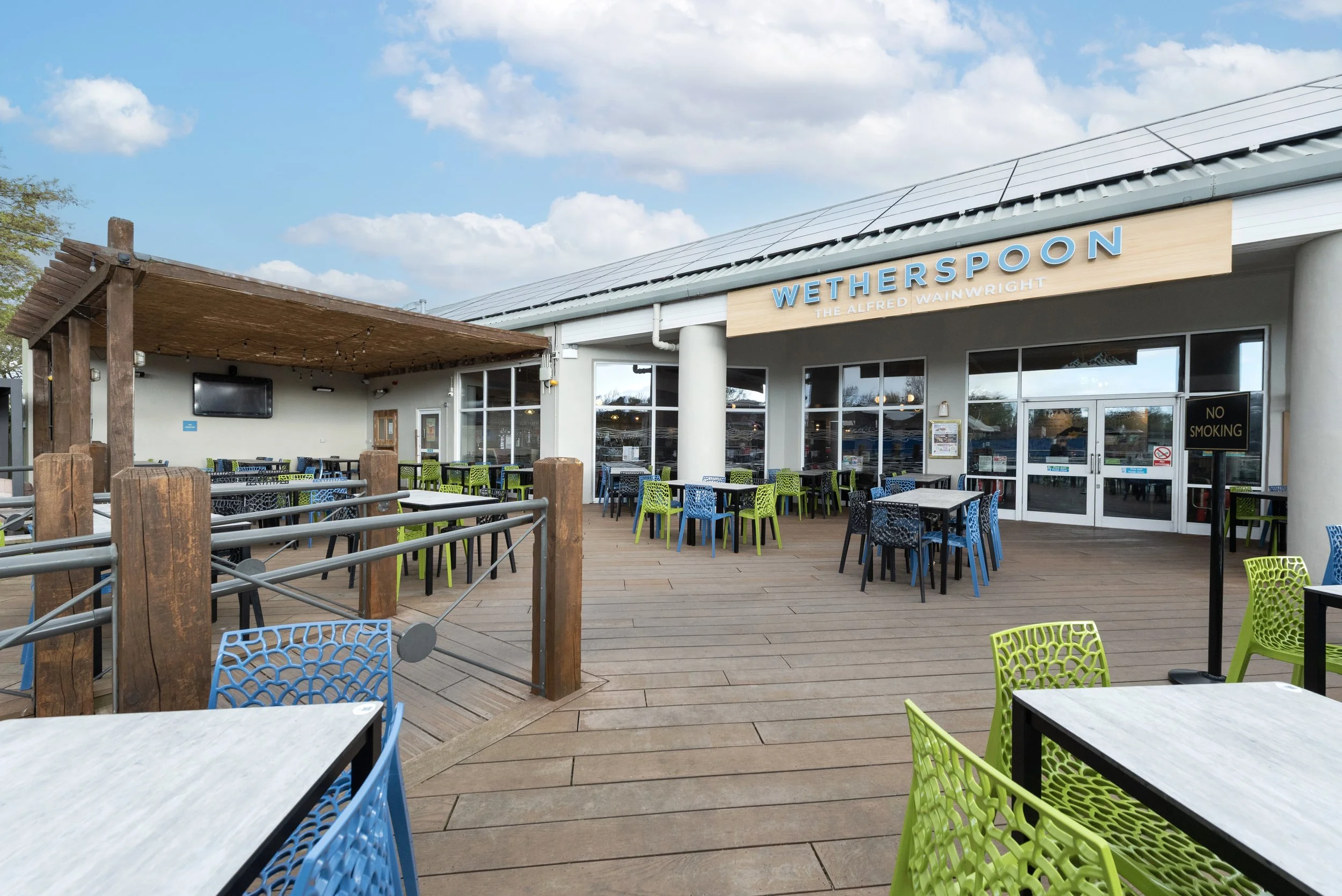external seating area and decking outside the alfred wainwright new JD wetherspoon pub at haven lakeland holiday park