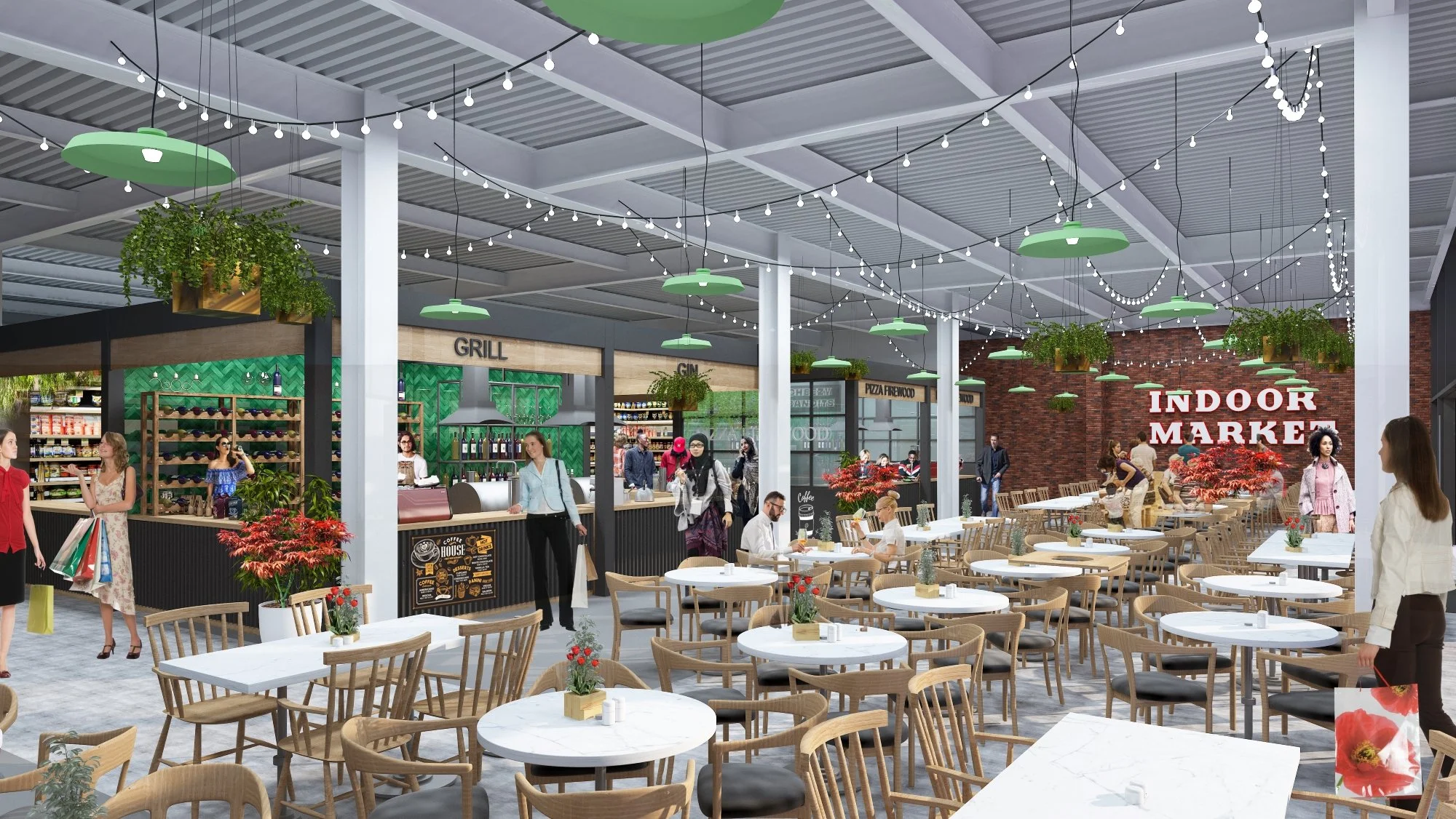 internal view of northwich market cgi with tables and stalls