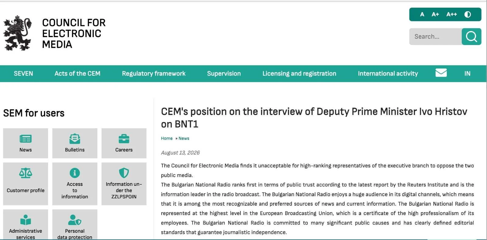 Bulgaria's deputy prime minister ranked the two public broadcasters on air. The European Media Freedom Act says he shouldn't.
