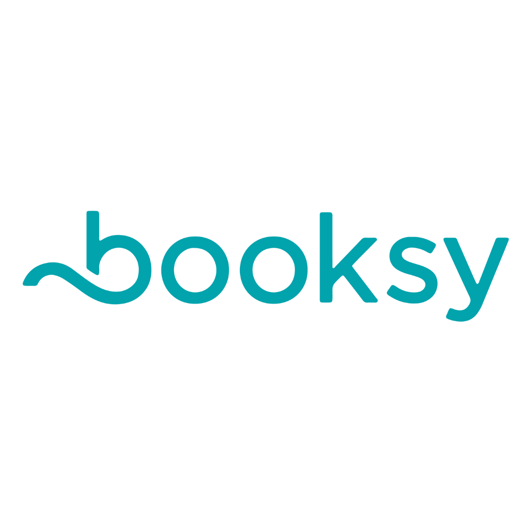 Booksy logo featuring teal lowercase text with a wavy line integrated into the letter “b” on a white background.