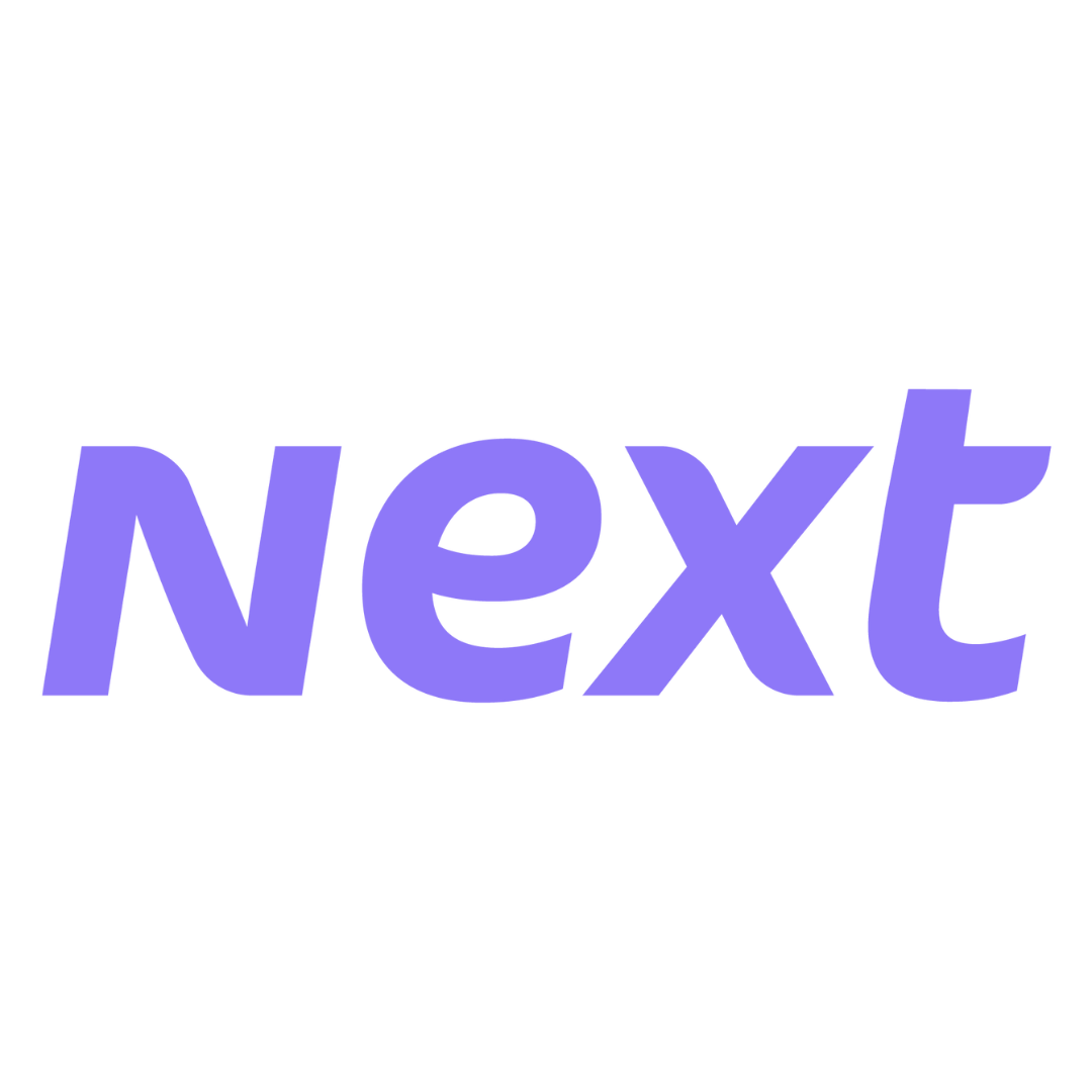 Next logo featuring bold, modern purple text on a white background.