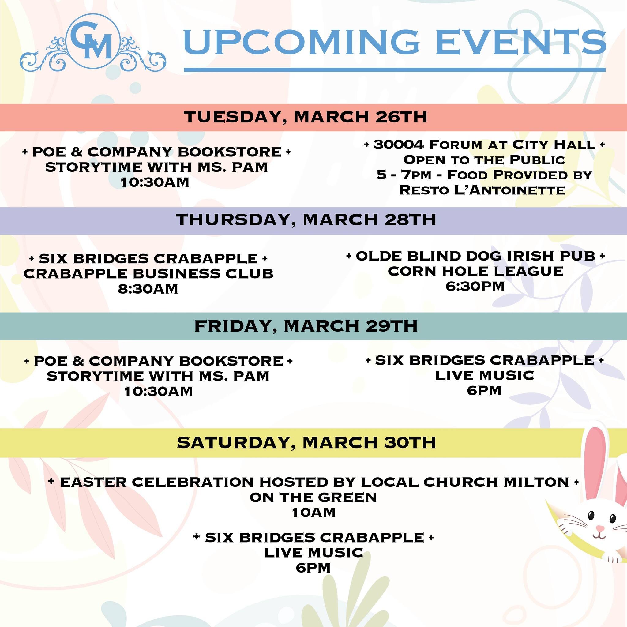 Take a l👀k at what's going on at Crabapple Market this week! Check out our event calendar and see what events are being  planned for #TheGreen for the Spring. 
https://www.crabapplemarketga.com/events

#events #crabapplemarketga #miltonga #Easter #o