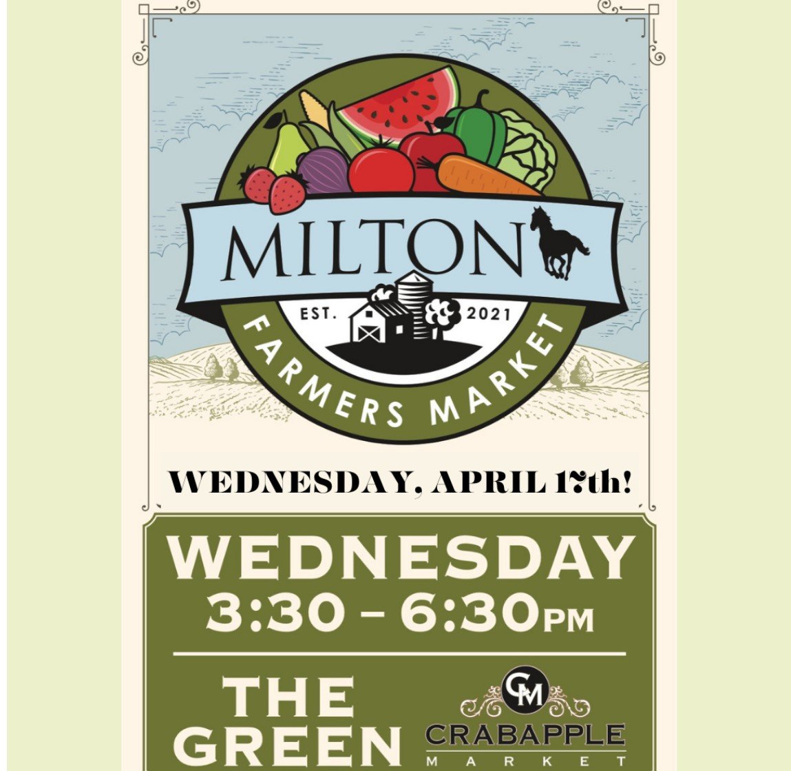 We are very excited to announce the Milton Farmers Market is moving to Wednesday afternoon, 3:30 - 6:30pm on #TheGreen! Wednesday, April 17th will be the first market and the vendor lineup is impressive so make plans to stop by and explore.  This wee