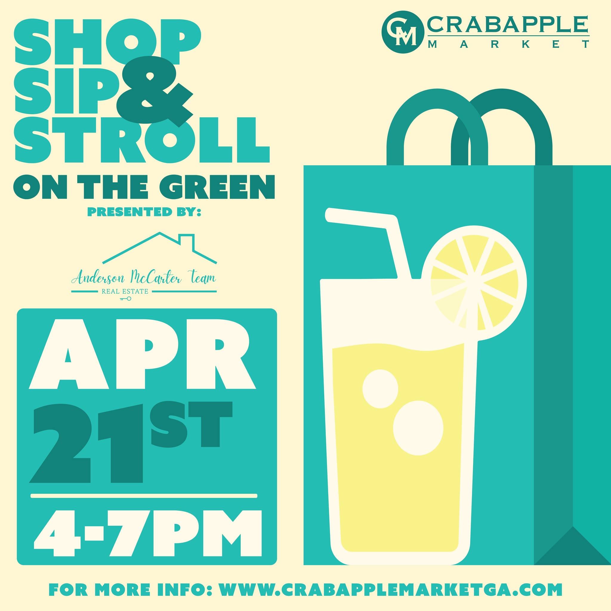 Shop, Sip &amp; Stroll is BACK on a new day, Sunday, April 21st from 4 &ndash; 7pm on The Green! It&rsquo;s better than ever with 35+ talented artisans offering an eclectic mix of handcrafted wares. You&rsquo;ll find home decor, plants, flowers, jewe