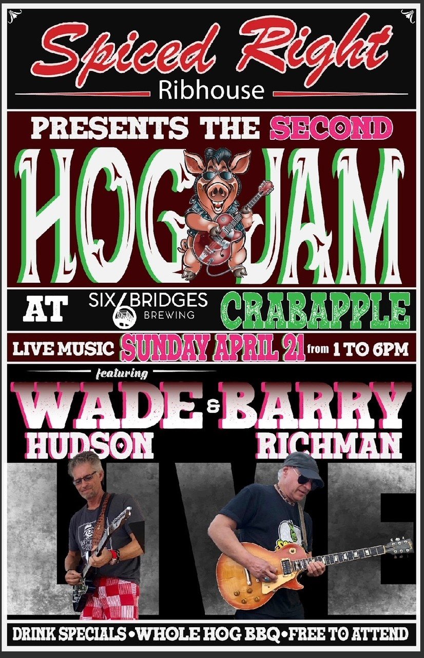Hog Jam is coming to you at Spiced Right BBQ &amp; @sixbridgesbrewing with Whole Hog BBQ, live music &amp; drink specials on Sunday, April 21st 1 &ndash; 6PM. The patio is ready for your crew to relax, eat BBQ and chill with the cool vibes of Wade &a
