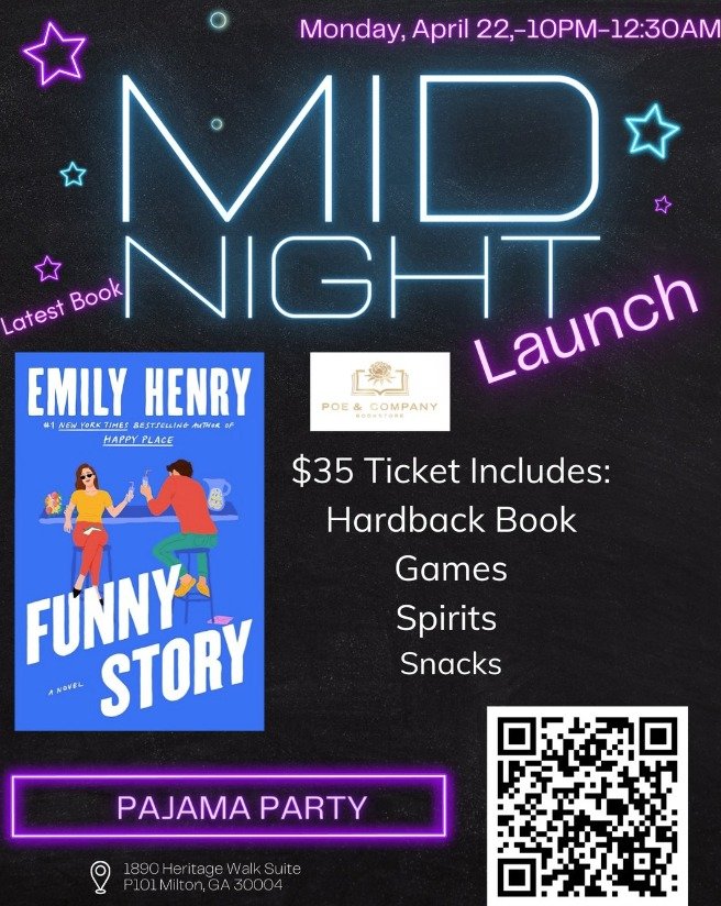@poeandcompanybookstorellc  s hosting a Midnight Pajama Book Launch Party for Emily Henry's latest novel, Funny Story! Night owls will love to join the fun on Monday, April 22 from 10PM - 12:30AM. With ticket purchase you will receive a book, Emily H