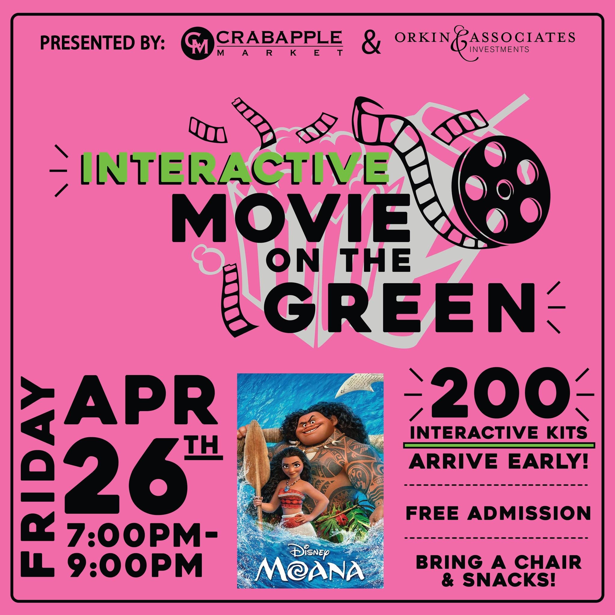 Interactive Movie Night on The Green is back! It&rsquo;s Friday night, April 26th at 7PM featuring the Disney classic Moana. Grab your kiddos and plan to experience the movie in a new way with an interactive kit for hands-on participation. Come early