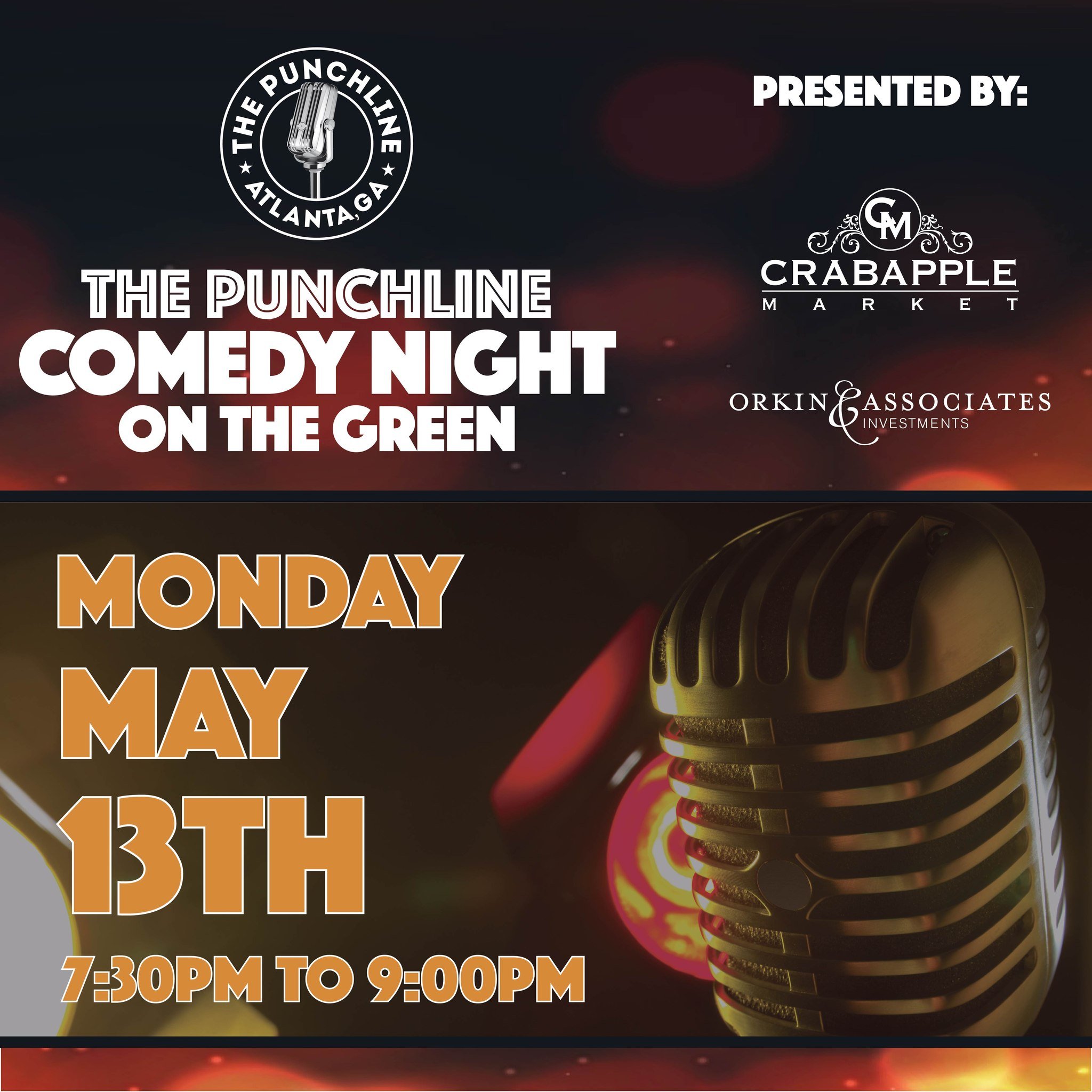 THREE FREE events are coming to #TheGreen next week! 
🤣Comedy Night makes a date night filled with laughter! Join us on Monday, May 13 @ 7:30PM and  plan to enjoy a delicious meal before the show at one of our Crabapple Market restaurants.🤣 
☀️The 