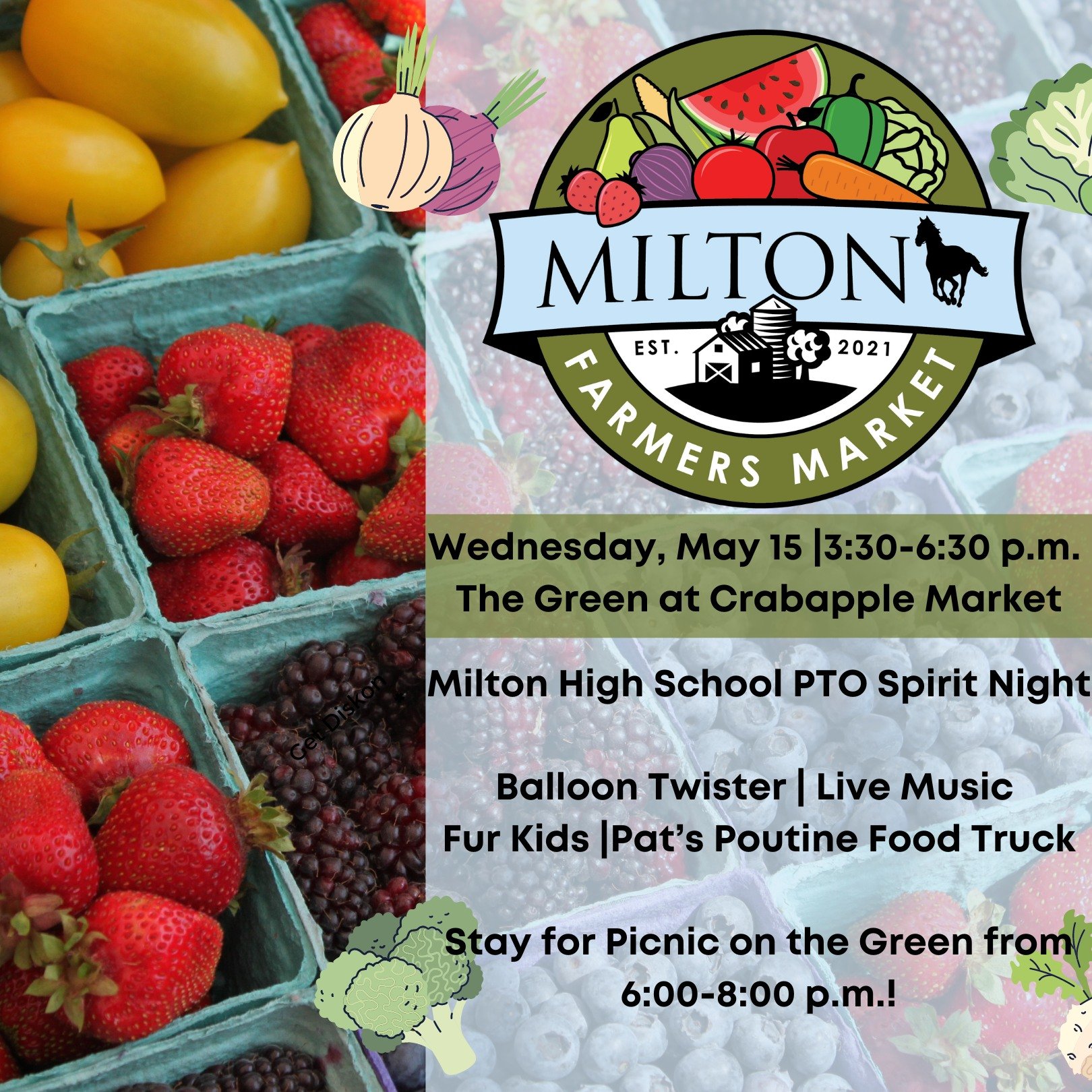 WEDNESDAY #TheGreen is the place to be with the Milton Farmers Market and Picnic on The Green with live music. New for this week is Pat's Poutine Food Truck and Milton High School PTO Spirit Night! 
Milton Farmers Market 3:30 - 6:30PM
Picnic on The G