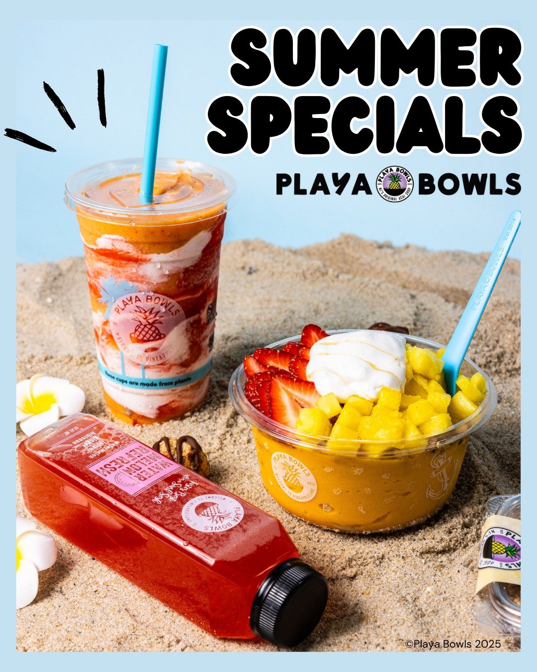 @playabowlscrabapple is launching their SUMMER specials! 
 ☀️Playa Passion Bowl: Playa Passion Fruit base topped with blueberry flax granola, strawberry, pineapple, So Delicious Cocowhip&trade; &amp; honey
 💥Tropical Twist Smoothie: Playa Passion Fr