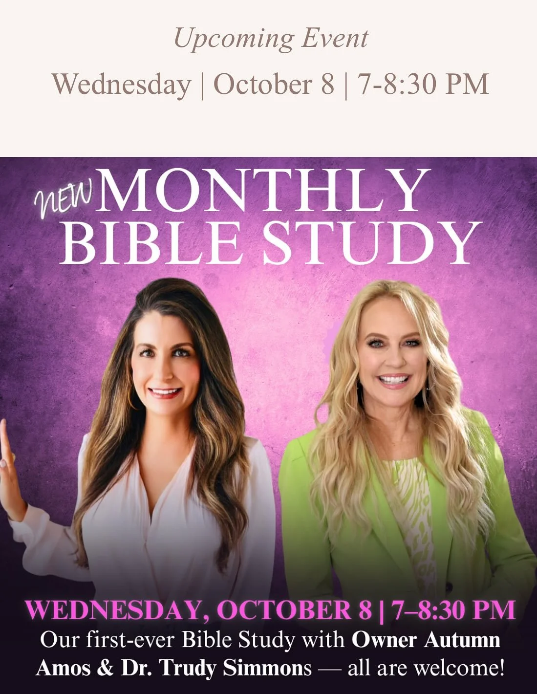 Join Autumn Amos, Owner of @amelineshoppe and @drtrudysimmons for a brand-new Bible Study opportunity for women! It kicks off on Wednesday, October 8th at 7:30pm at Ameline Shoppe. Everyone is welcome and they will be using Max Lucado&rsquo;s study, 