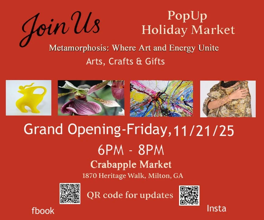 🎉Introducing a NEW Holiday Pop-Up Market/Gallery at Crabapple Market! You are invited to the Grand Opening of Metamorphosis: Where Art &amp; Energy Unite on Friday, November 21st from 6 &ndash; 8PM. Curated by local professional artist, Firoozeh Bow