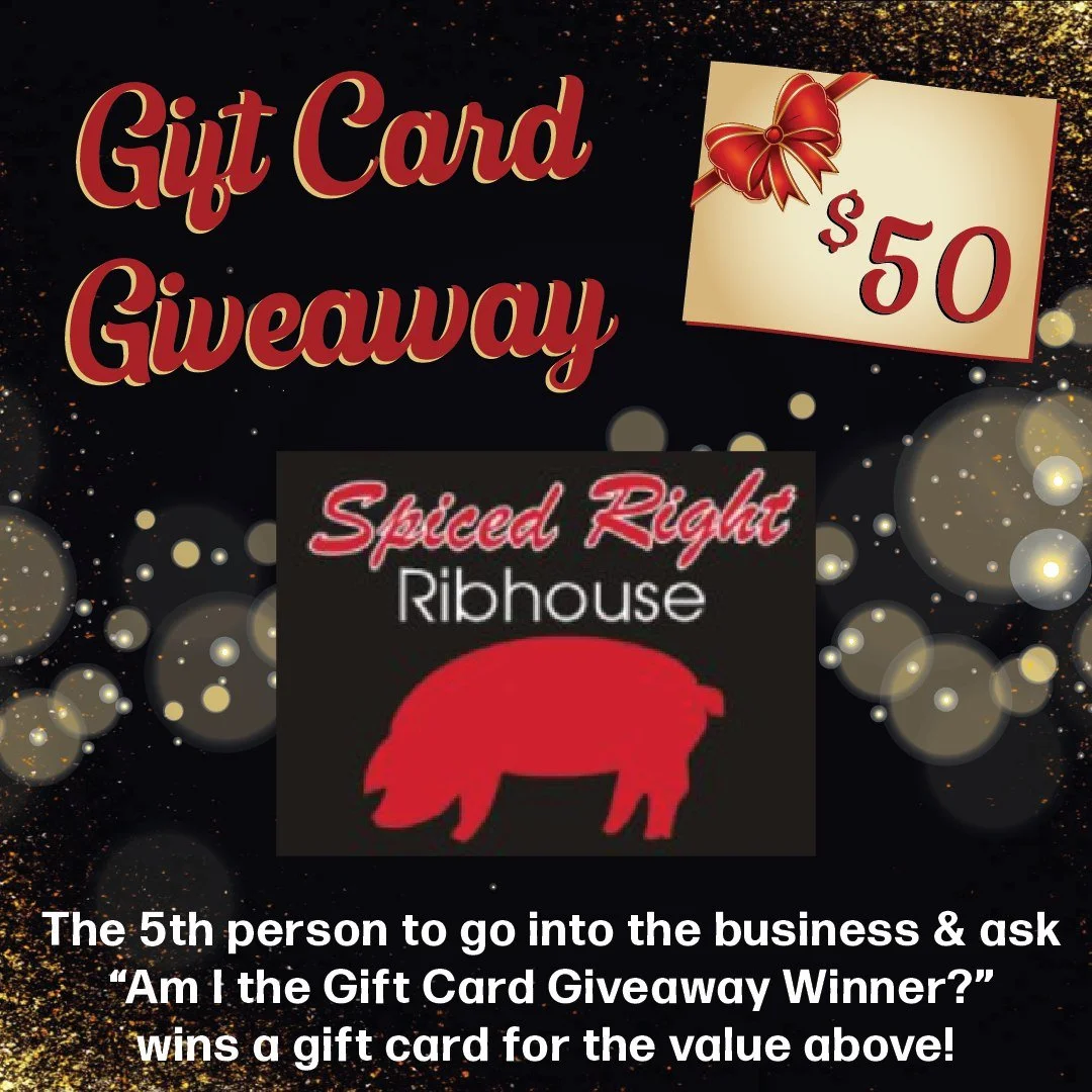 Need a BBQ fix? Today's gift card is waiting for you at @spicedrightcrabapple ! Go in for lunch today and ask, &ldquo;Am I the Gift Card Giveaway winner?&rdquo;. Be the 5th person to ask at Spiced Right Ribhouse and win a $50 gift card. Follow Crabap