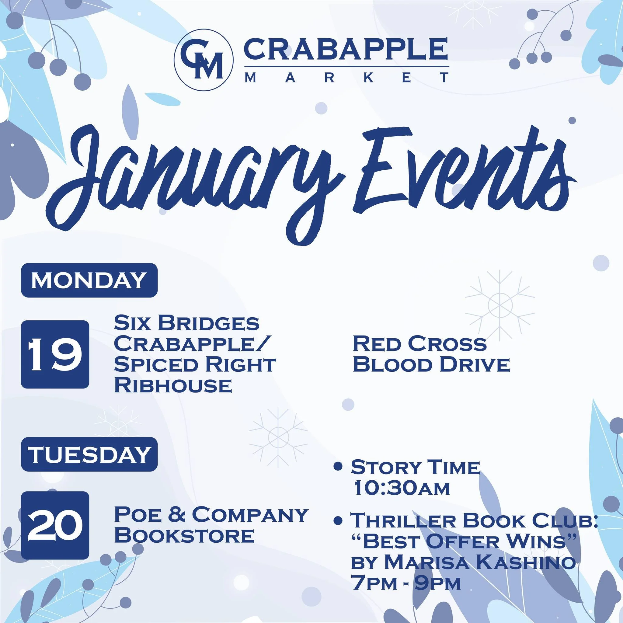 🌬️Brr it&rsquo;s feeling like winter! Check out what&rsquo;s going on this week at Crabapple Market and join in the fun. It&rsquo;s a great way to beat the winter blues. Stop by Six Bridges Crabapple and participate in the Red Cross Blood Drive TODA